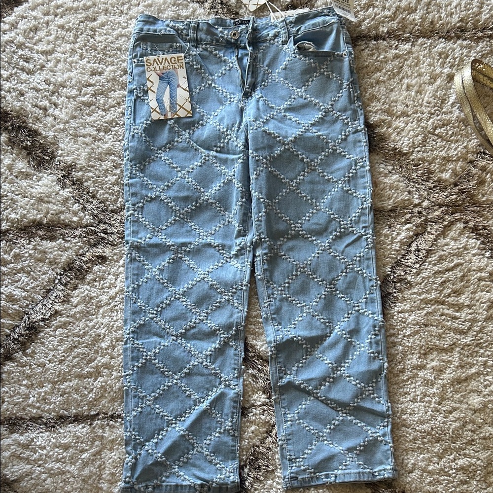Savage Women's Blue Diamond Pattern Straight Leg Jeans